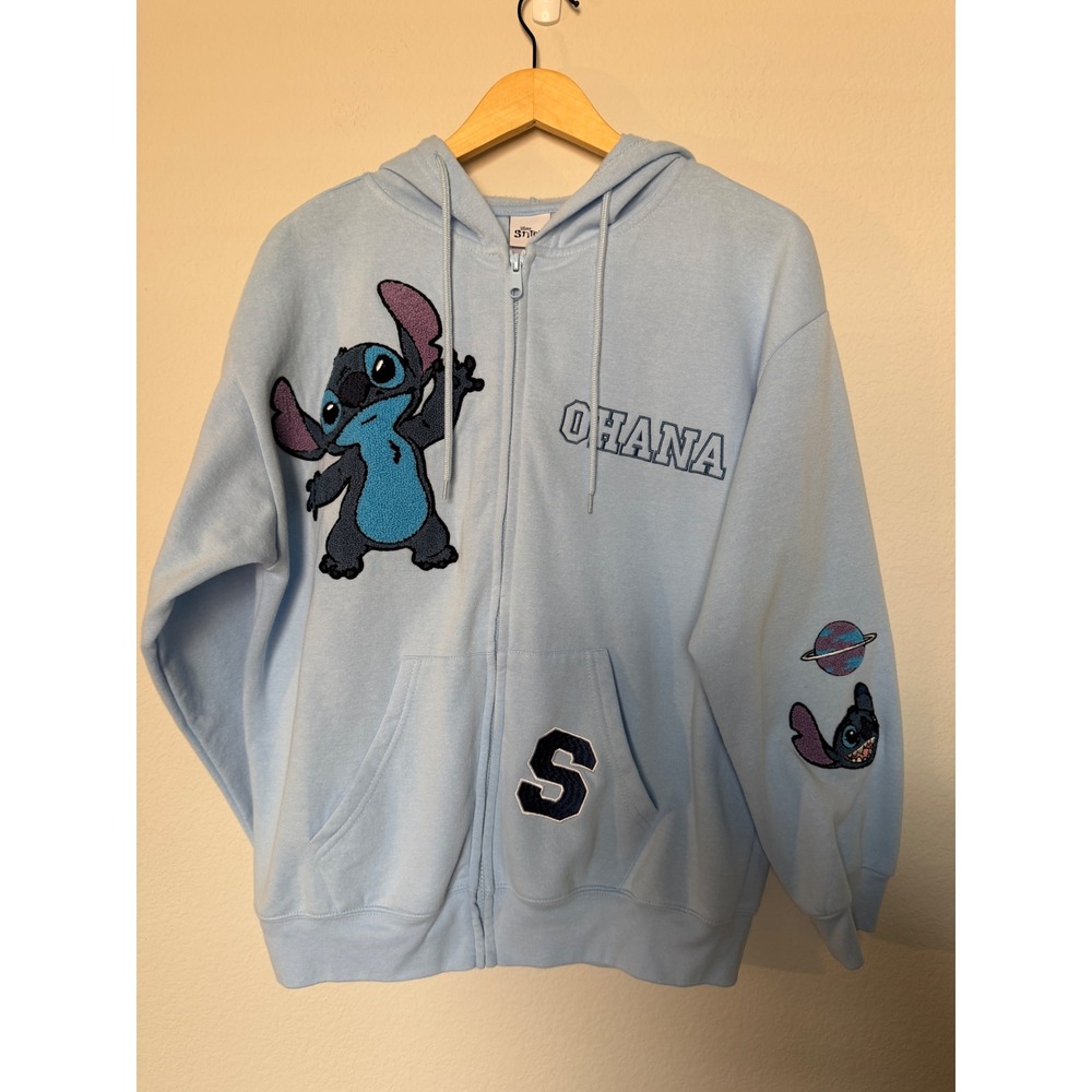 Disney Stitch O'Hana Zip Hoodie Light Blue Chenille Patch Size Large - Picture 6 of 17